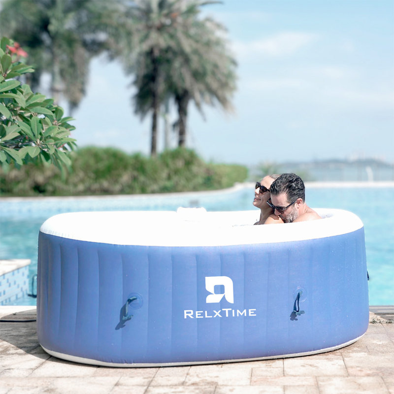 RELXTIME Oval Inflatable Portable Hot Tub 75x47Inch, 2 Person Outdoor Air Jet Spa Blow Up Hottubs with 100 Bubble Jets and Built in Heater Pump, Side Table, 2 Non-Slip Spa Seat, Blue