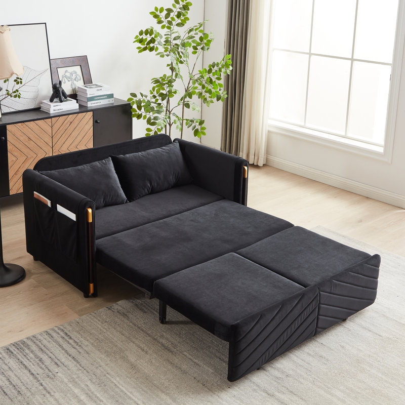 Modern Convertible Sofa Bed with 2 Detachable Arm Pockets Velvet Loveseat Multi-position adjustable Sofa with Pull Out Bed