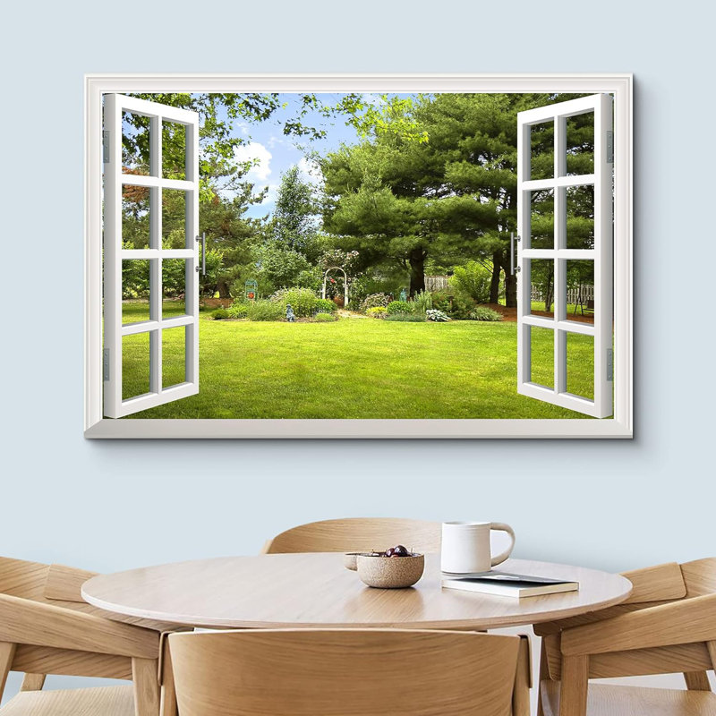 Window Scenery " Print Window Frame Style Beautiful Garden Backyard With Green Trees And Clear Blue Sky In Spring " INCOMPLETE 