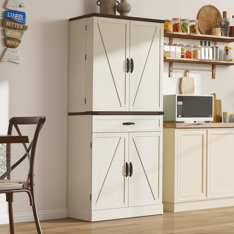 71.3" kitchen pantry with 6 door shelves, 2 sliding storage trays, and 1 external drawer