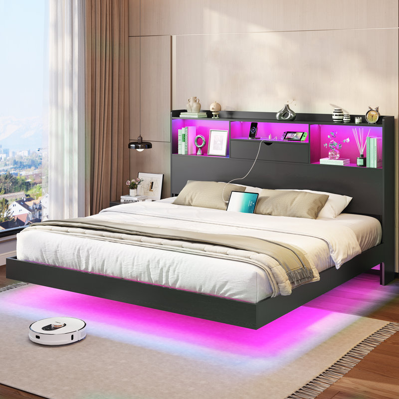 (Box 1 of 2) (incomplete) Suspended bed with bookshelf and reversible storage, platform bed with LED lights and charging station, rustic bed with hidden storage, black