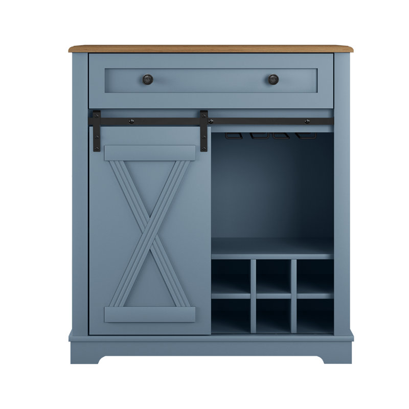 32" Farmhouse Wine Bar Cabinet With Wine Rack & Glass Holder