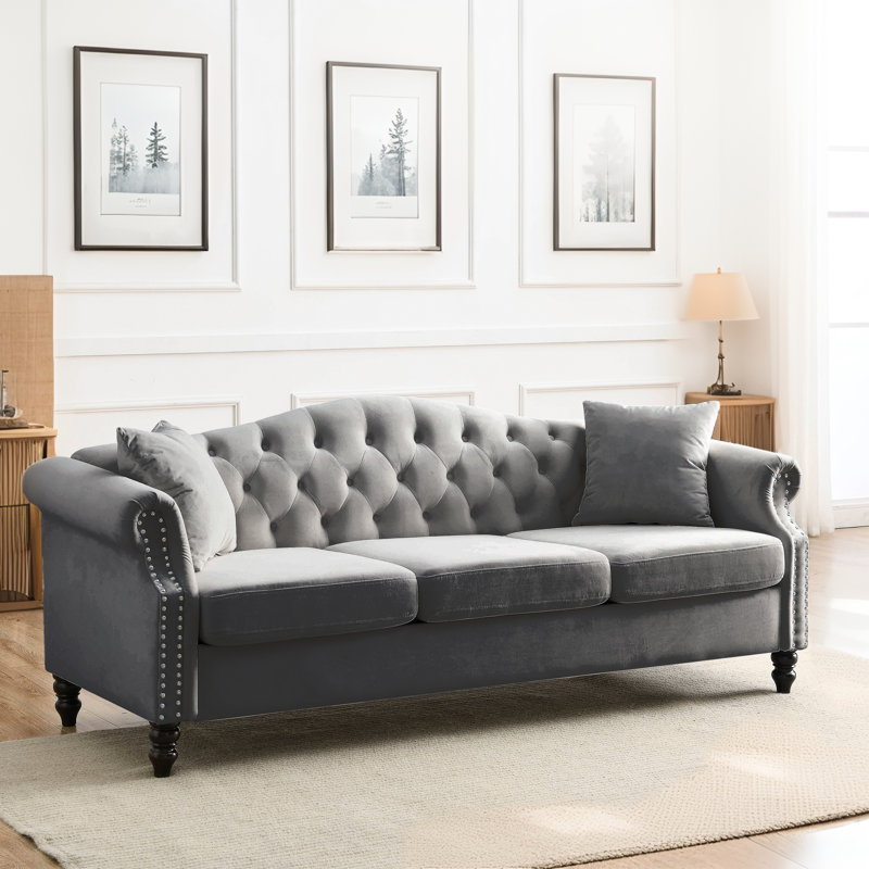 Incomplete 79\" Chesterfield Velvet Sofa, 3 Seater Sofa Tufted Couch With Rolled Arms,Nailhead And Two Pillows For Living Room, Bedroom, Office, Apartment