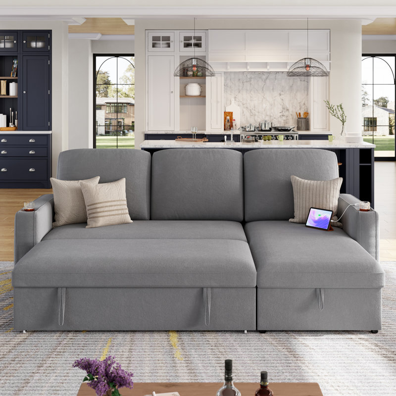cushion only Shanell 86.6"W L-Shaped Convertible Sofa Bed with Storage - Velvet Sectional Sleeper, Full Size Pull-Out Bed & USB Charging Ports, Left/Right Facing Chaise