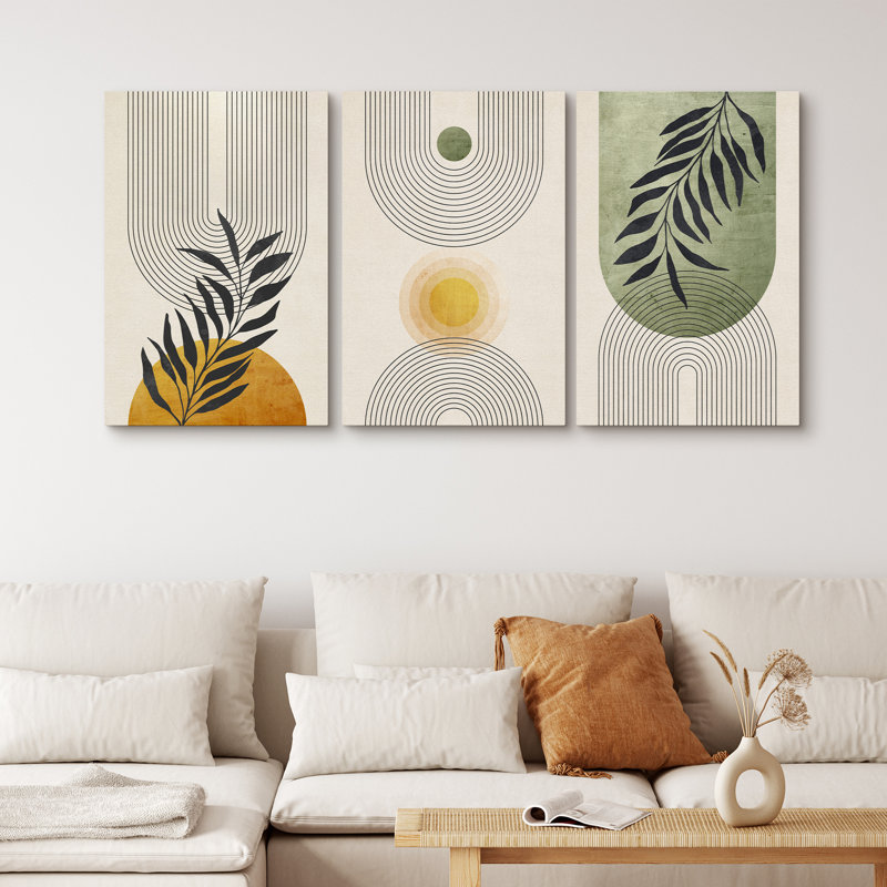 Mid Century Modern Boho Geometric Pastel Jungle Palm Leaf Abstract Nature - 3 Piece Print Set on Canvas INCOMPLETE 
