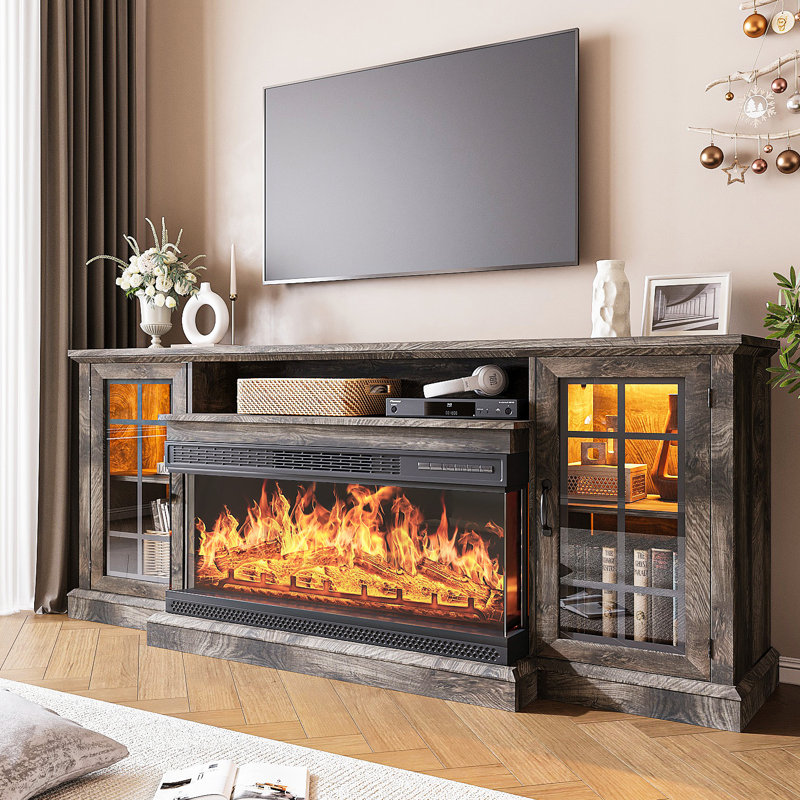 Farmhouse TV Stand with 36" Electric Fireplace and Glass Cabinet