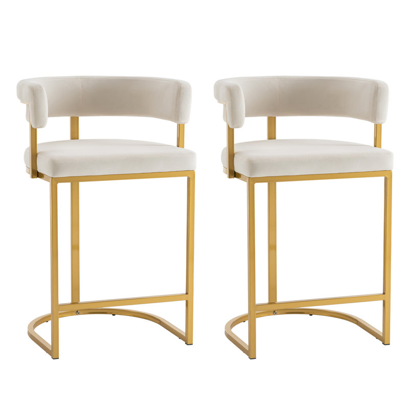 Modern Velvet Bar Stools With Barrel Backrest, Upholstered Seat, And Metal Footrest – 25.6-inch Seat Height, Ideal For Counters, Home Bars, And Kitchen Islands (Set of 2)