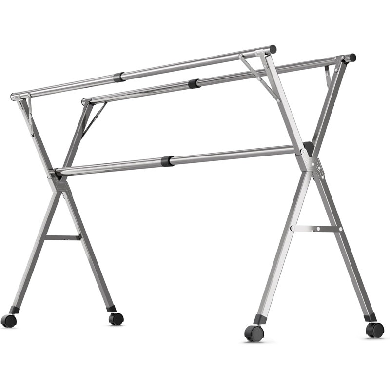 Upgraded Clothes Drying Rack With Wheels, 95 Inches, Super Heavy Duty 201 Stainless Steel, Garment Rack Adjustable Foldable Laundry Drying Rack With 20 Windproof Hooks,12 Socks Clips