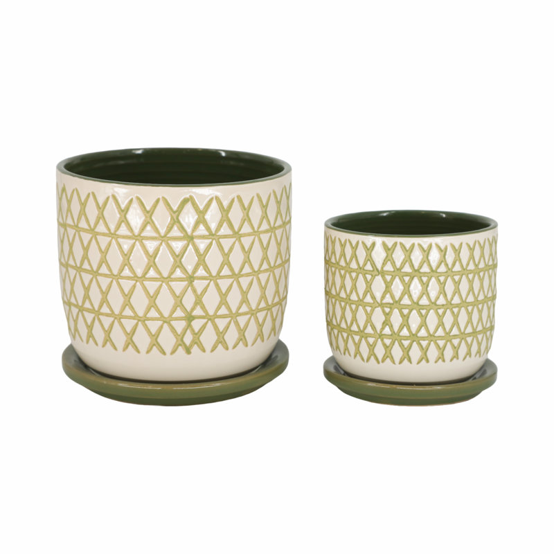 (Incomplete) (broken piece) Stoneware Ceramic Planter Set with Saucers - Decorative Indoor/Outdoor Plant Pots with Drainage, Modern Design - Set of 2