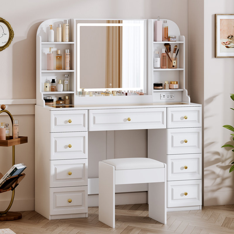 vanity desk & power outl, makeup vanity with glass table top, with 22.45\" hd lighted mirror, makeup table with 9 drawers, vanity table with chair,vanity set 3 lighting modes brightness adjustable
incomplete 