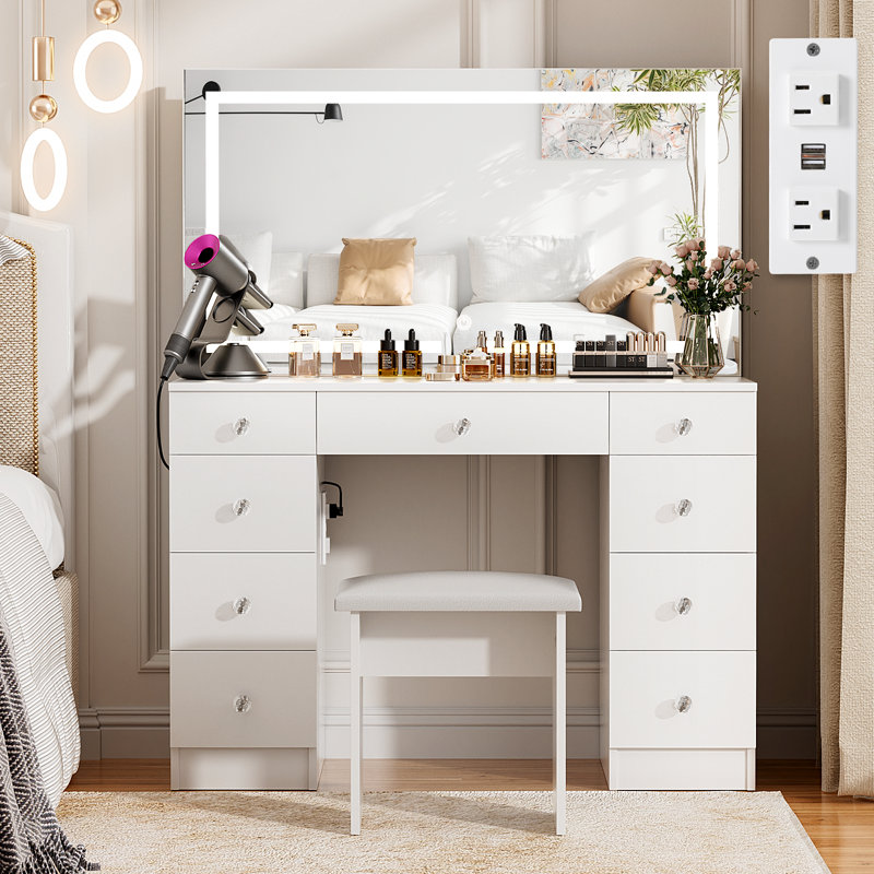 Greyden Vanity Set With LED Mirror & Power Outlets, 9 Drawers with Diamond Handles INCOMPLETE 