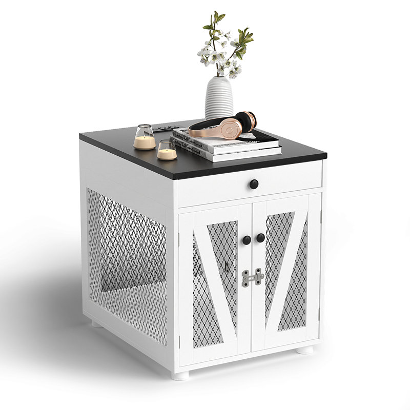 dog crate furniture, wooden dog kennel end table with usb charging station, storage drawer, double latched door, farmhouse furniture-style crate side table for dogs under 40 lbs, indoor use ( similar to picture )