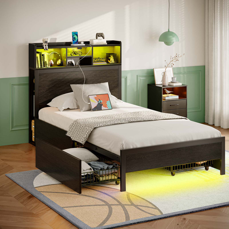 Bed Frame with Bookcase Headboard and 4 Storage Drawers, Metal Platform Bed with RGB LED Lights INCOMPLETE 