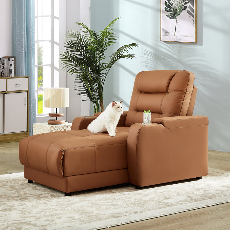 Elliani Electric Faux Leather Chaise Lounge with Adjustable Backrest, Wireless Charging, and Cup Holder