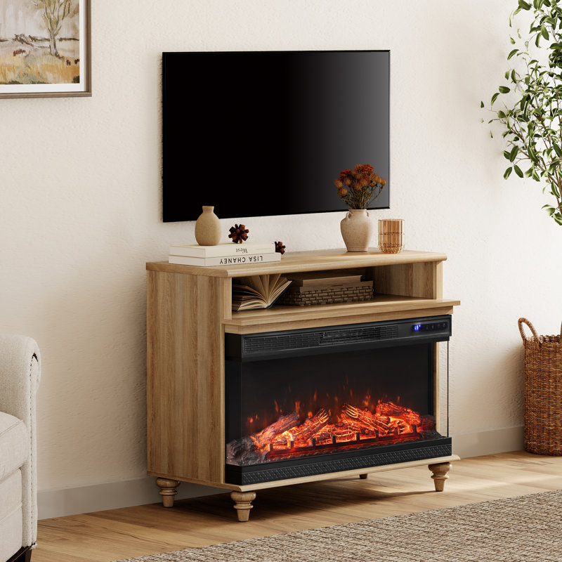 TV Stand With 36" Electric Fireplace For 43 Inch TV, Wood TV Console Table Storage Cabinet For Living Room, Oak