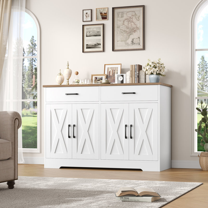 47'' W 4 Door Accent Cabinet, Display Storage Cabinet with 2 drawers INCOMPLETE 