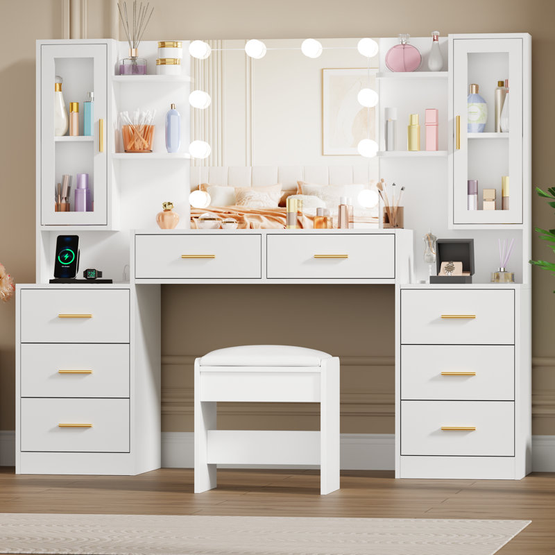 adriel 59.1\" large vanity desk table with mirror & lights, power outlet and 8 drawers 2 cabinets
incomplete 