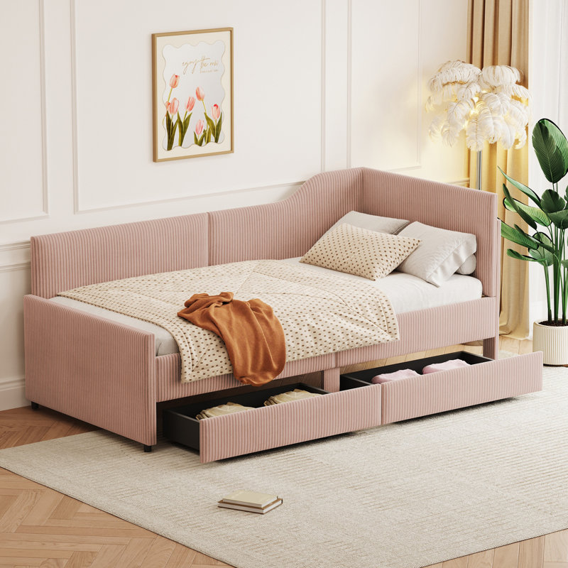 Twin Size L-Shaped Corduroy Daybed, Upholstered Bed Frame with 2 Storage Drawers – Space-Saving and Comfortable,Pink
