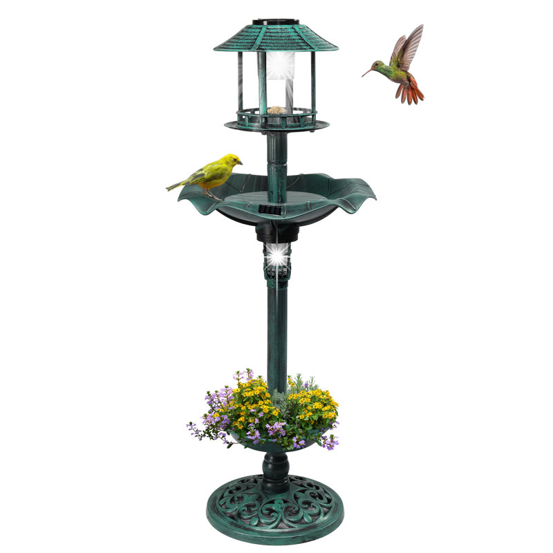 ( Brown)Outdoor Bronze Solar Lighted Pedestal Bird Bath Resin Fountain Decoration With Planter And Feeder