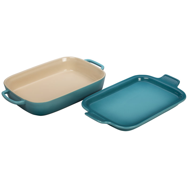 le creuset stoneware rectangular dish with platter lid, 2.75qt.