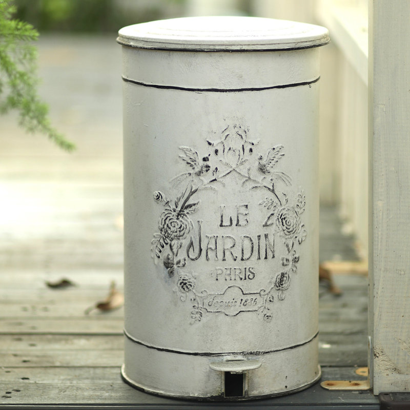 4.5 gallon vintage metal step on trash can with lid, rustic farmhouse white metal garbage can