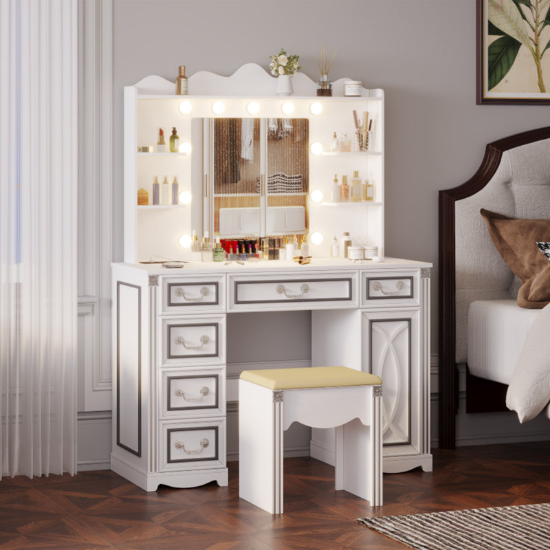 makeup vanity with 3-color lighting mirror, outlets, stool, storage drawers and cabinet