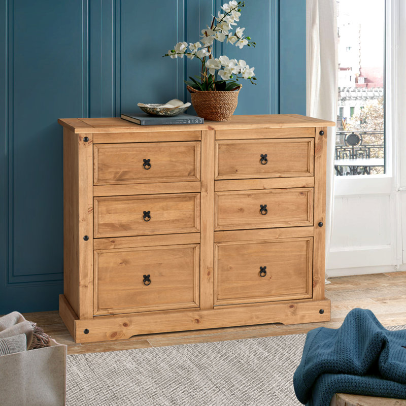 Enye Farmhouse 6 Drawer Double Dresser For Bedroom, Chest Pine Wood Rustic Style INCOMPLETE 