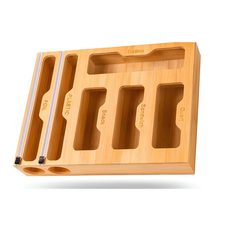 bamboo ziplock bag organizer with wrap dispenser - fits gallon, quart, sandwich & snack bags\nincomplete 