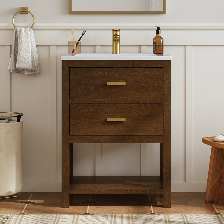 Walnut Single Sink Bathroom Vanity with Solid Surface Composite Top INCOMPLETE 