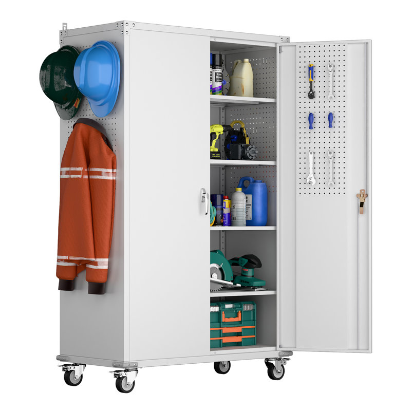 Upgraded Wide & Deep Garage Storage Cabinet With Wheels, Metal Storage Cabinet With Door Pegboards And 2 Rod For Garage Home Storage (43.3''w X 21.9''d X 72''h),required Assembly INCOMPLETE  DAMAGED 