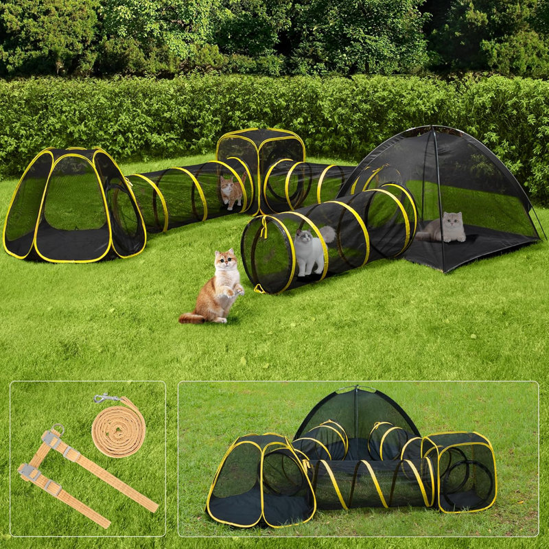 Outdoor Cat Enclosures 6-in-1 Portable Catio with Cat Tent, Tunnel, Playhouse, Leash