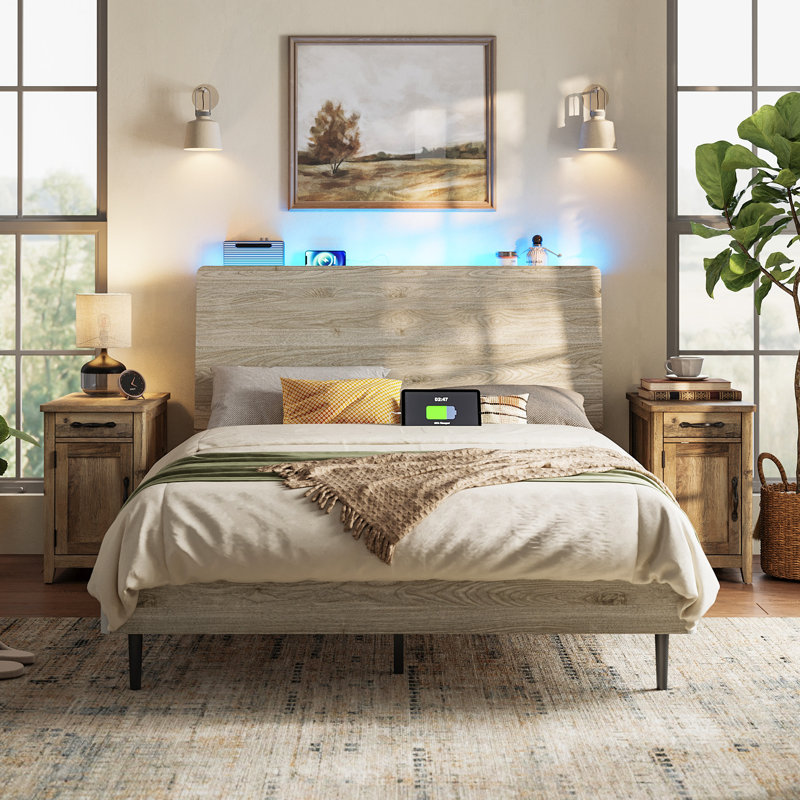 Storage Shelf Bed Frame Wood With Lights, Outlets & Charger