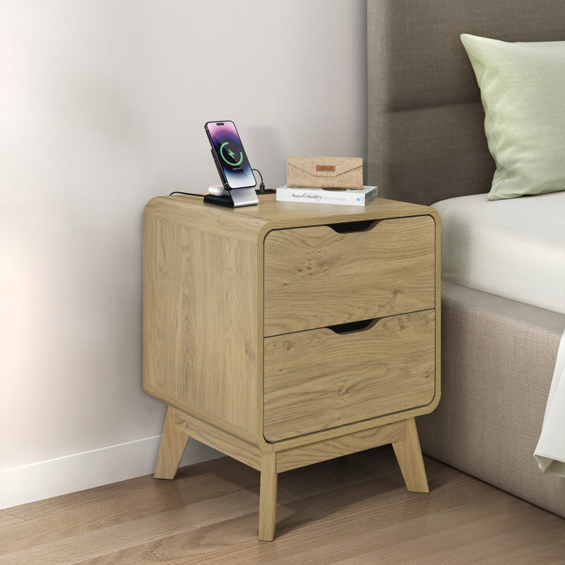 Meadow 2 Drawer Nightstand with Charging Station, Bedside Table with Storage Drawers, Night Stand for Bedroom, End Table or Side Table for Living Room, 15.7" D x 18.9" W x 23.6" H