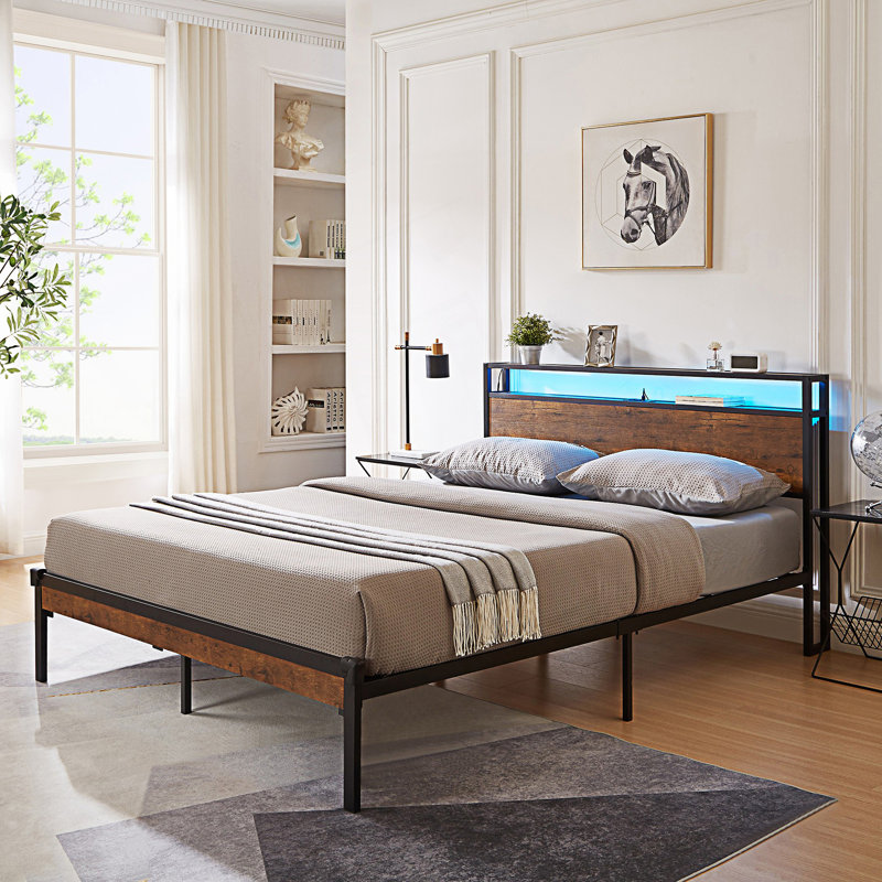 Contemporary Metal Platform Bed Frame With Wooden Headboard And Footboard With Usb Liner, Led Lights