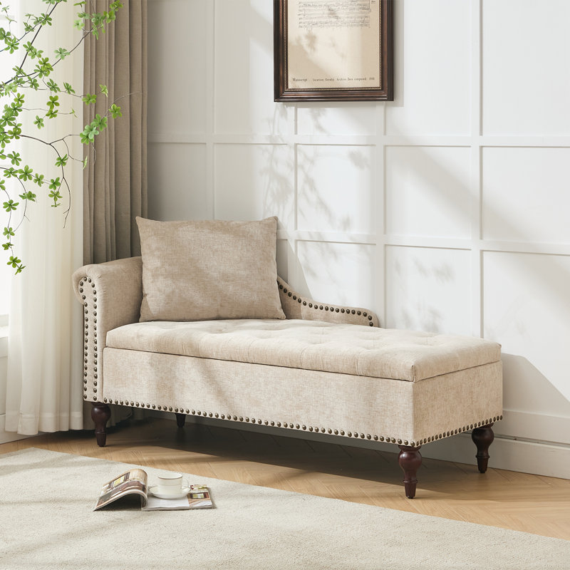 incomplete Upholstered Velvet/Chenille Chaise Lounge, Storage Bench with Pillow and Solid Wood Legs