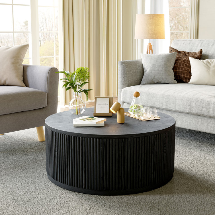 36" Round Fluted Coffee Table Solid Wood Drum Table with Fluted Design