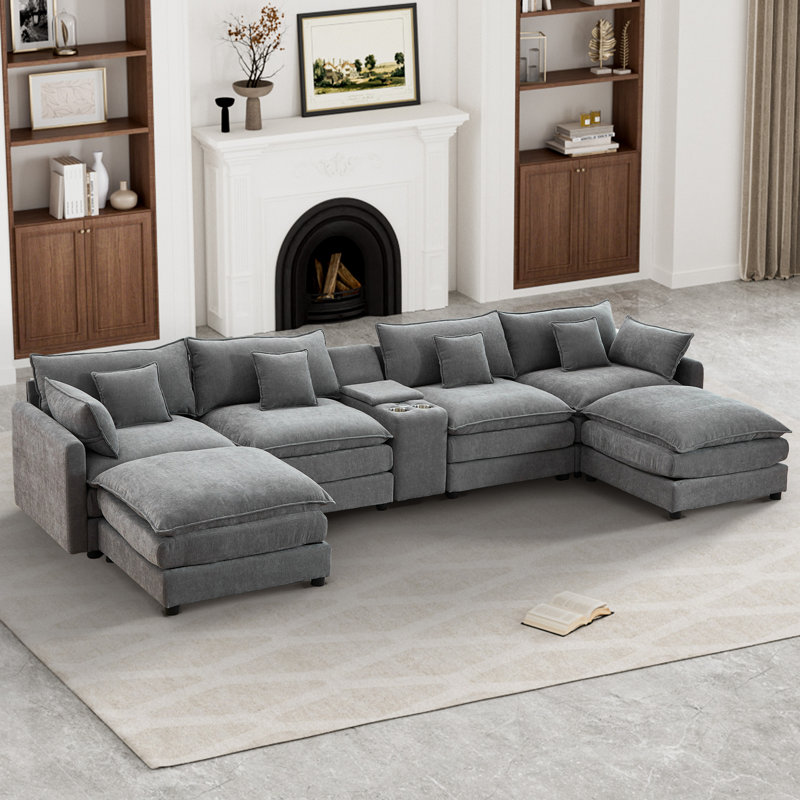 incomplete Beige 145\\\"W U-Shape Sectional With Console & Cup Holders And USB Ports