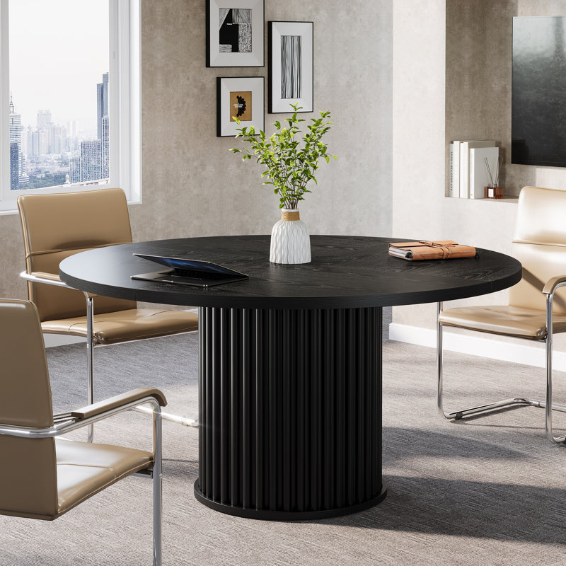 47-Inch Round Black Wooden Meeting Conference Table for 4-6 People,Sturdy Metal Base Office Desk