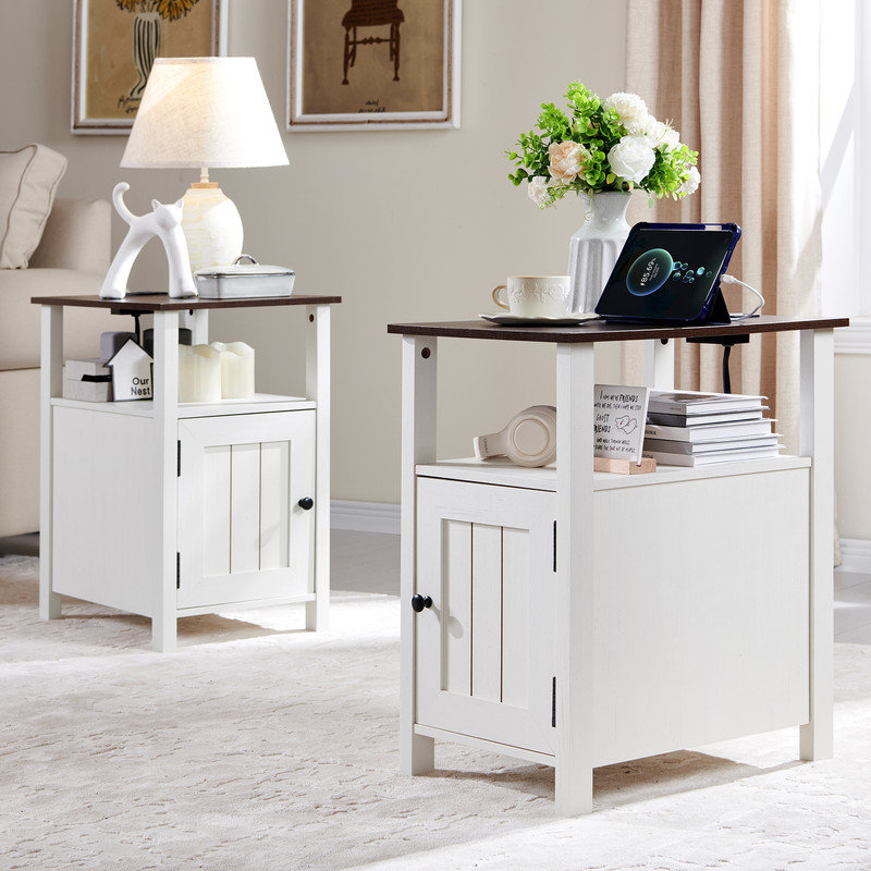 ( color black )Willkie Farmhouse Nightstand Set , End Table with Charging Station, w/Barn Door & Open Shelves (Set of 2)