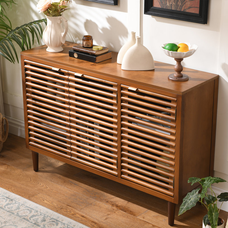 Suniya Modern 3-Door Storage Cabinet With Adjustable Shelves, Slatted Doors, And Walnut Finish INCOMPLETE 