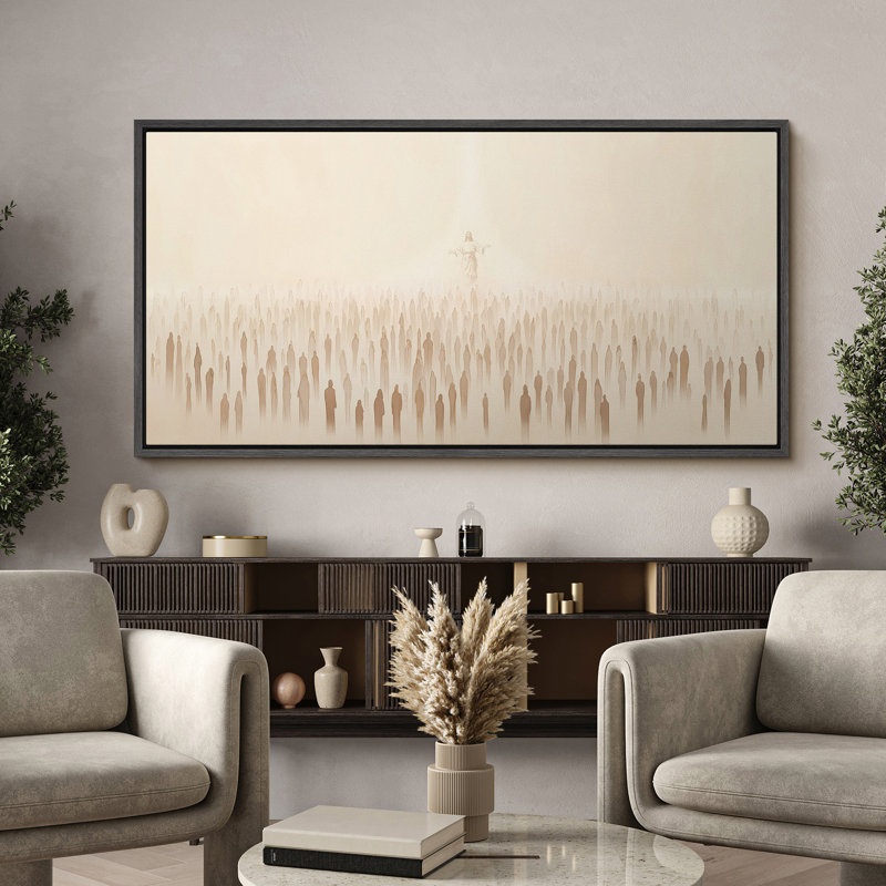 Jesus Among the Crowd Framed Canvas - Minimalist Spiritual Art in Soft Beige INCOMPLETE 