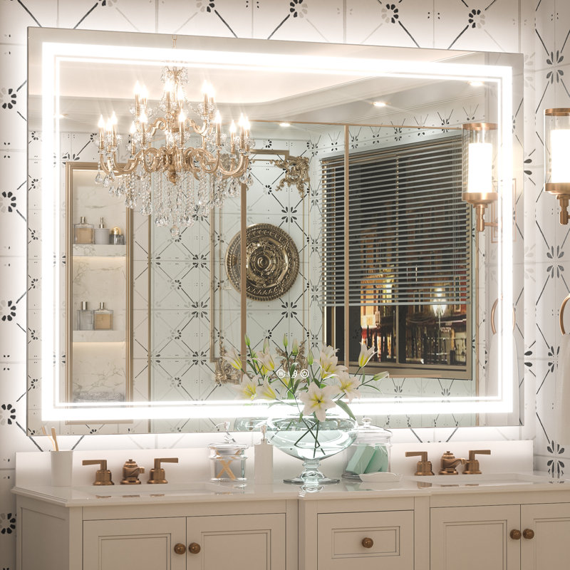 chrisna led bathroom mirror with frontlit and backlit, 3 colors temperature & dimmable light anti-fog tempered glass bathroom vanity mirror