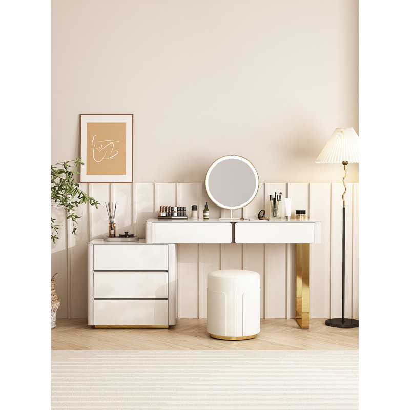 Vanity Set: Saddle Leather-Finished Slate Top Vanity Table & Stool, Accented with Stainless Steel, and Equipped with Dimmable LED Makeup Mirror