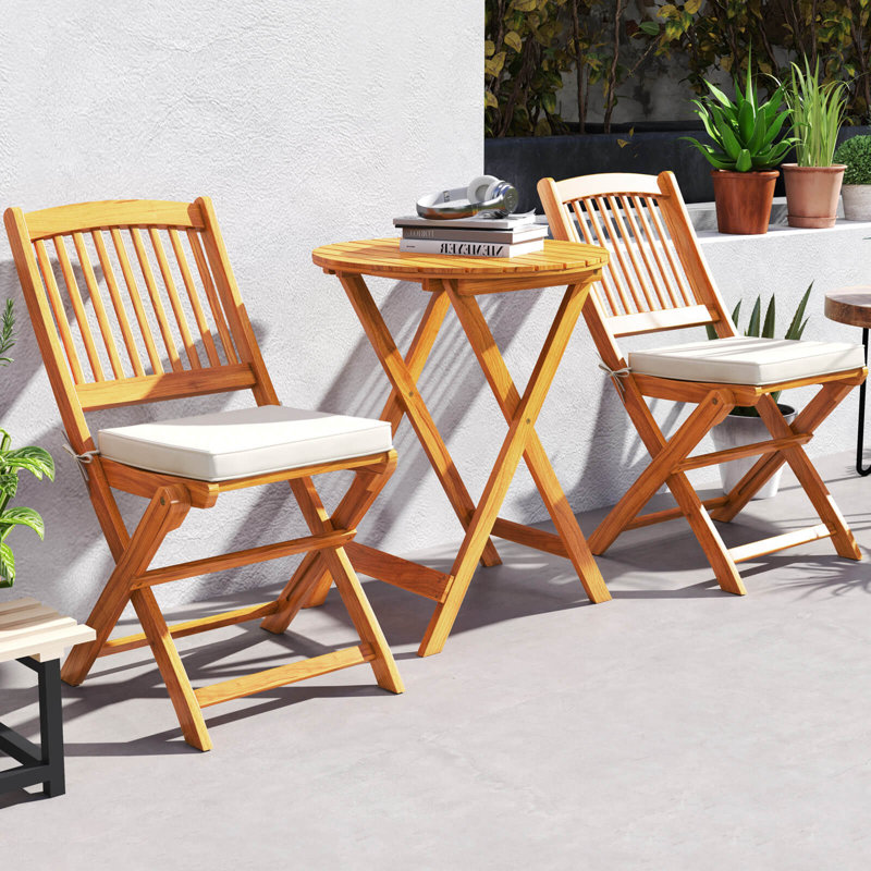 3 Pcs Acacia Wood Patio Bistro Set Folding Table & Chairs Set With Cushions