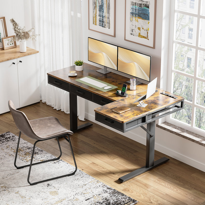 electric standing desk with 4 under-desk drawers, height-adjustable desk with built-in power outlets,standing desk with reversible structure,home office desk with hidden desk-mounted cable management tray