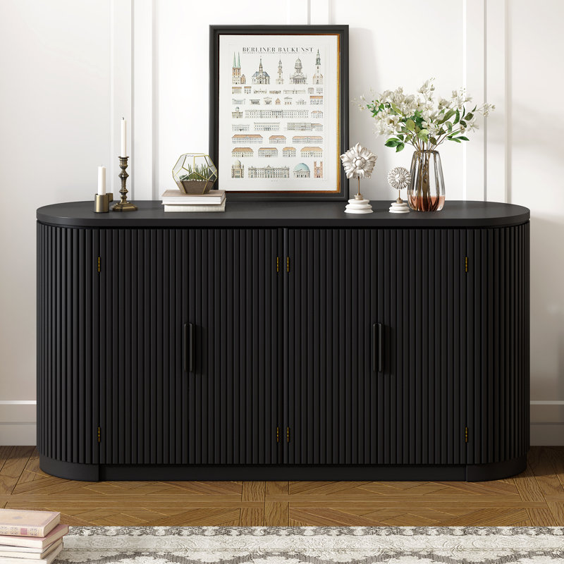 U-Style Vertical Striped Door Storage Cabinet With Metal Handles, Adjustable Shelves, Ideal For Study, Entryway, And Living Room, Providing Stylish And Functional Storage Solutions