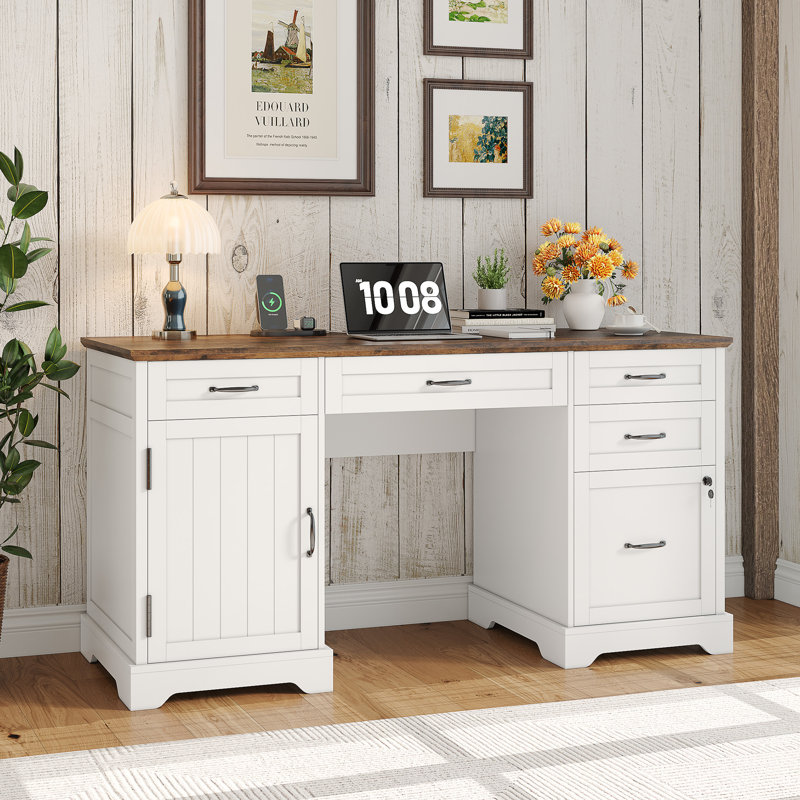 ( incomplete )(different color )Clabe 55'' Farmhouse Executive Desk with Drawers, File Cabinet and Power Outlets