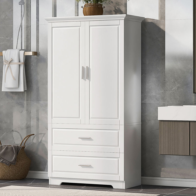 tall bathroom storage cabinet, cabinet with two doors and drawers, adjustable shelf, mdf board