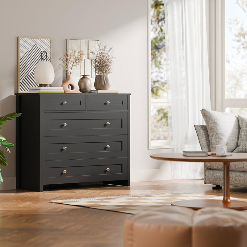 Black Chest Of Drawers For Bedroom With 5 Drawers, 39.4" Wood Dresser With Metal Handles, Modern Drawer Dresser For Bedroom, Living Room, Porch