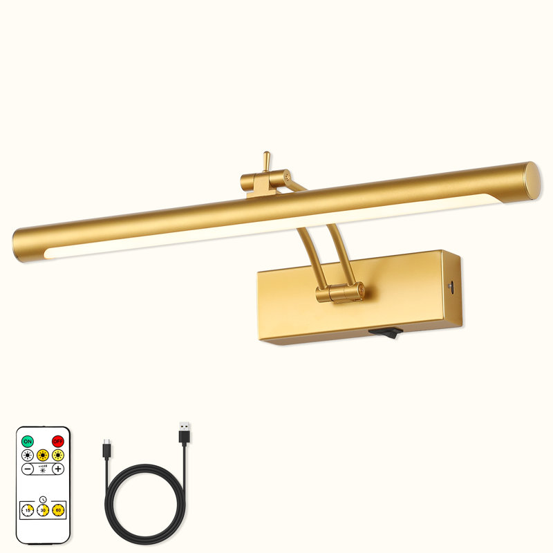 brushed gold 15.75 in. led picture light with remote control dimmable multiple color temperatures rotatable and timer